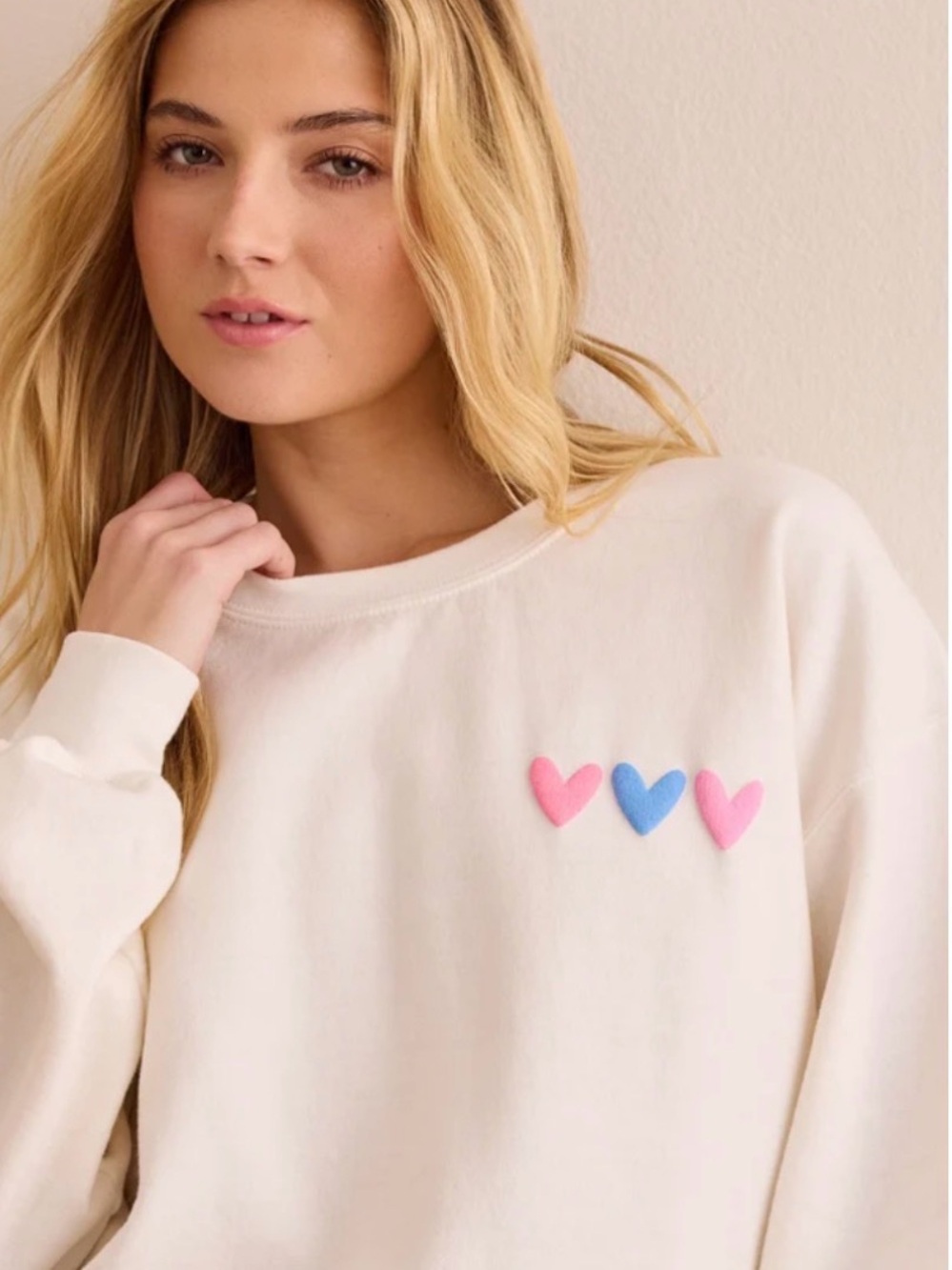 Altar'd State Cream Sweatshirt with Pink and Blue Heart Accents - Picture 2 of 5